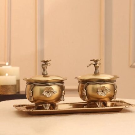 Antique Brass Double Snack Bowl Tray Set