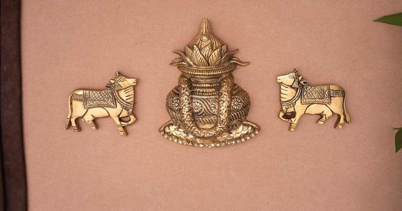 Brass Kalash and Cow Wall Hanging